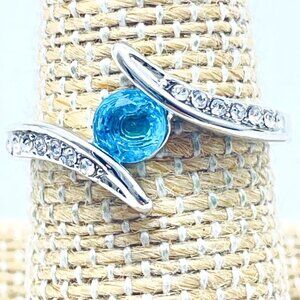 Silver Tone Bypass Ring Blue Glass Stone Rhinestone Accents